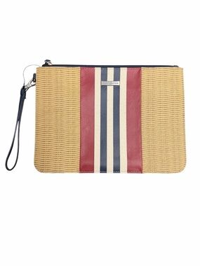 Tommy Hilfiger Tan Woven Print Pouch Clutch with Red & Navy Stripes